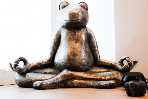 Meditierende Frosch-Skulptur in der Praxis Argentato — Symbol für Ruhe und Selbstheilung